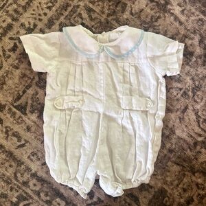 White Baby 100% Linen Romper with Blue Collared Trim